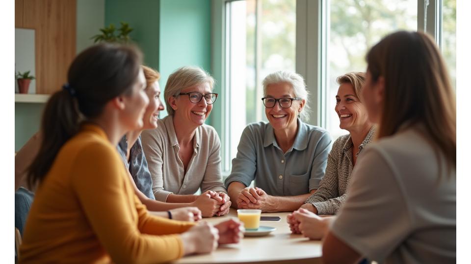 Grupo diverso de adultos sonriendo y conversando en un espacio moderno y acogedor, simbolizando una comunidad de apoyo mutuo. La imagen está diseñada para transmitir calidez y seguridad, con tonos de la paleta primaria de la marca.