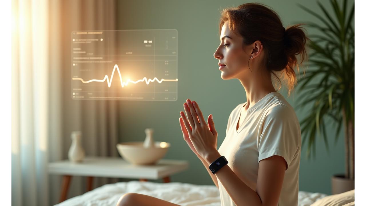 Mujer adulta en postura de meditación serena, llevando un monitor de actividad fitness en la muñeca, con un filtro verde y dorado suave y un tablet con gráficos de bienestar flotando sutilmente en el aire.