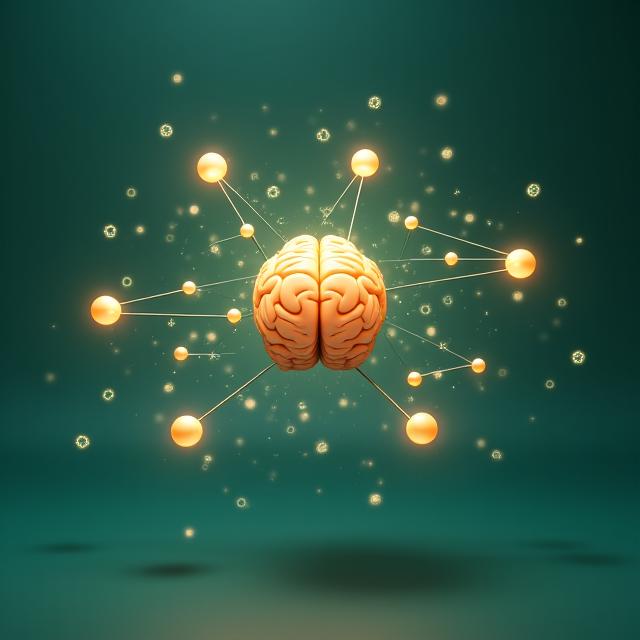 Representación visual abstracta de un cerebro humano conectado a nodos de información con iconos de vida adulta (familia, oficina, yoga), flotando en un espacio sereno. Predominan los tonos primarios y secundarios de la marca, transmitiendo personalización y conexión.