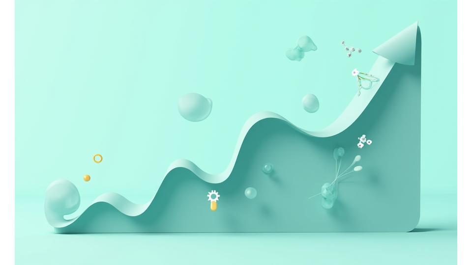 Gráfico abstracto y estilizado que muestra una curva descendente de estrés y una ascendente de bienestar, con iconos científicos como células cerebrales y ADN flotando alrededor. Predominan los colores primarios y secundarios de la marca.