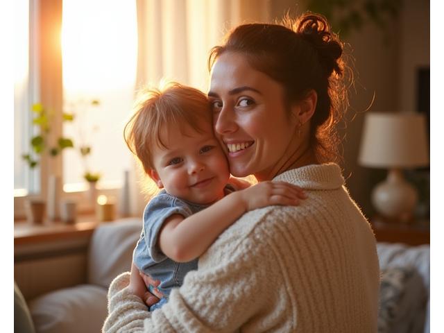Padre o madre de 40s sonriendo y abrazando a su hijo, mientras de fondo se ve una casa hogareña luminosa, simbolizando armonía familiar. La imagen transmite calidez y paz.