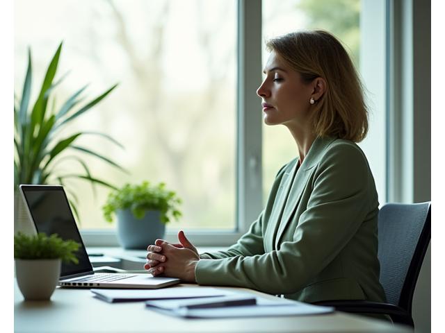 Profesional de 40 años meditando brevemente en una oficina moderna y luminosa, con un portátil y documentos en el escritorio, transmitiendo una sensación de calma en medio del ajetreo.
