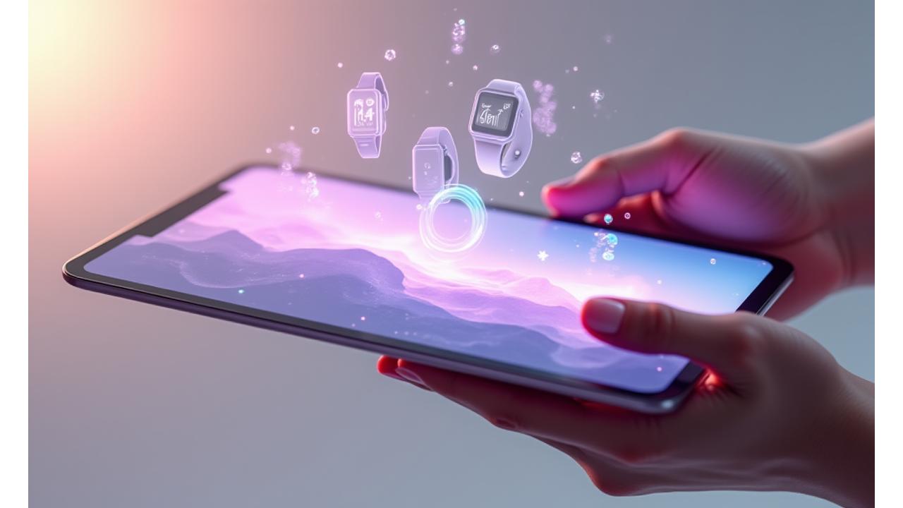 Persona de mediana edad interactuando con una tablet que muestra una aplicación de mindfulness. Alrededor, de forma abstracta, se ven iconos flotantes de wearables como relojes inteligentes y sensores, junto a gráficos de datos, todo con una paleta de colores calmante en tonos primarios y secundarios de la marca.