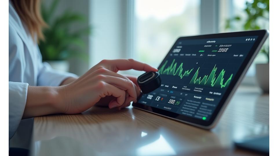 Primer plano de una mano utilizando un oxímetro de pulso inteligente conectado a una tablet, mostrando datos de salud