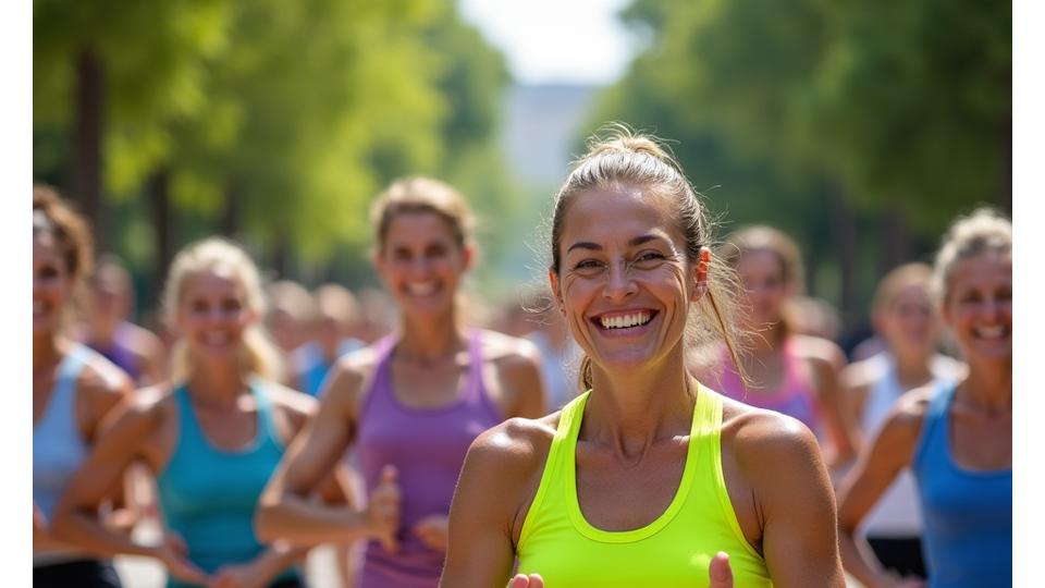 Grupo de personas, sonriendo, participando en una sesión de ejercicio al aire libre en un parque urbano de Madrid