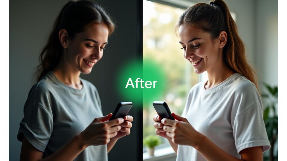 Imagen de antes y después de una persona visiblemente más saludable y feliz, con datos de un dispositivo wearable en pantalla