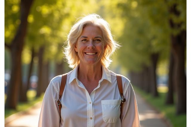 Mujer sonriente de unos 50 años caminando por un sendero arbolado en un parque de Madrid