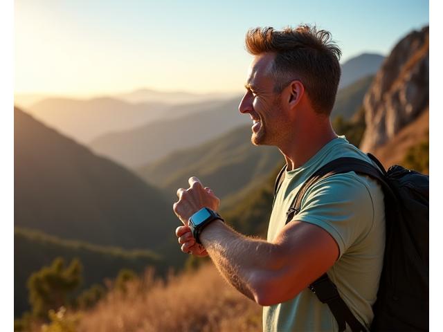 Hombre de mediana edad mostrando su pulsera de actividad mientras hace senderismo en la Sierra de Guadarrama
