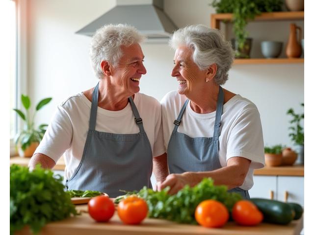 Pareja adulta sonríendo mientras cocinan juntos en una cocina moderna, con ingredientes frescos