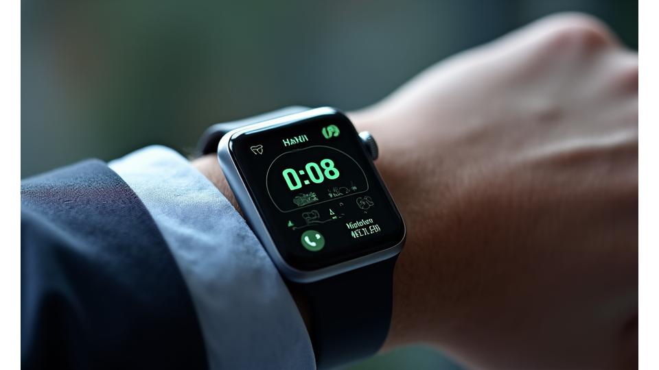 Primer plano de un elegante smartwatch en una muñeca, mostrando gráficos de pulso y sueño en la pantalla