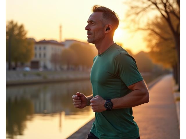Hombre adulto corriendo con auriculares deportivos que monitorizan su ritmo cardíaco