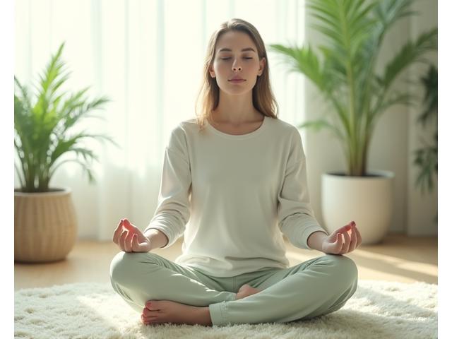 Mujer meditando en una pose de loto, rodeada de luz suave y plantas