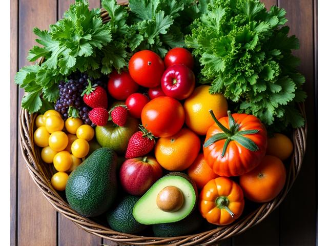 Cesta de verduras frescas y frutas coloridas en una mesa de cocina