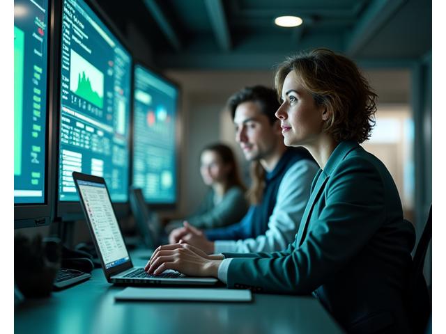 Equipo de moderadores expertos trabajando en computadoras en un ambiente colaborativo y profesional