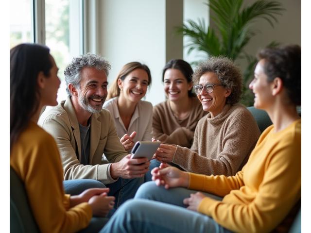 Grupo diverso de adultos interactuando y sonriendo en un espacio moderno y luminoso, símbolo de comunidad en bienestar