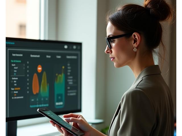 Mujer adulta sofisticada con gafas, evaluando su tiempo de pantalla en una tablet junto a un monitor con gráficos de datos de salud en Madrid.