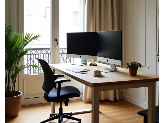 Escritorio ergonómico moderno a medida con silla de oficina avanzada y monitor elevado, con ventana a un balcón madrileño.