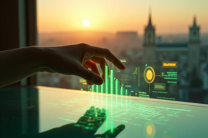 Gráfico de crecimiento en el que una mano interactúa con elementos de interfaz de usuario holográfica que muestran progreso en hábitos saludables, sobre un fondo urbano de Madrid al atardecer.