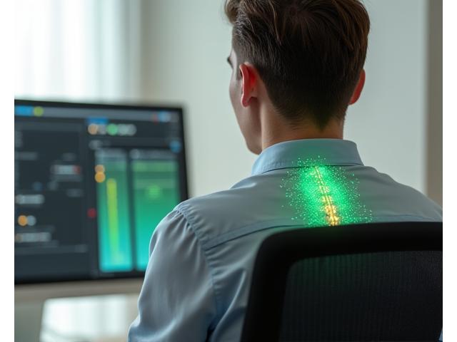 Dispositivo portátil de seguimiento de postura mostrando a una persona de mediana edad en la oficina con una postura correcta, con interfaz de datos en pantalla holográfica.