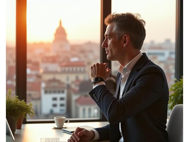 Hombre adulto haciendo estiramientos suaves en una oficina moderna y luminosa con vistas a Madrid, usando un dispositivo wearable.