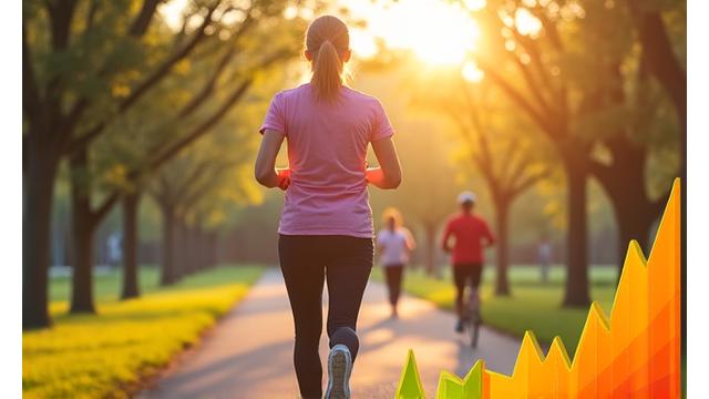 Persona adulta haciendo ejercicio al aire libre, con gráficos superpuestos de mejora del rendimiento y recuperación. Ambiente enérgico y vibrante.