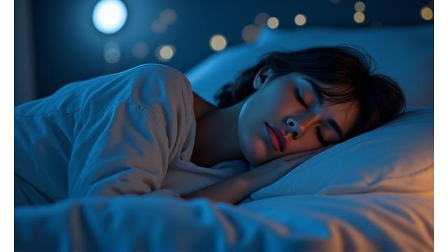 Representación de un adulto descansando plácidamente, con elementos de monitoreo de sueño flotando sobre la cama. Colores nocturnos que evocan tranquilidad.