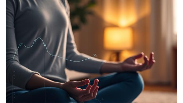 Gráfico de reducción de estrés con la ayuda de un wearable tracking. Persona meditando en un entorno calmado.