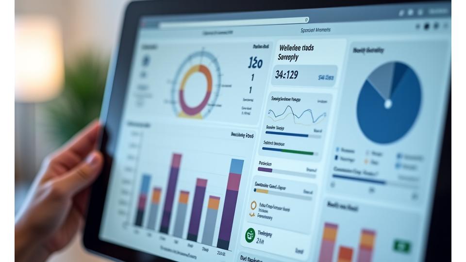 Vista detallada de un dashboard de bienestar personalizado mostrando gráficos de progreso, métricas clave como horas de sueño y pasos diarios, y opciones de personalización de widgets, todo en un diseño limpio y moderno.