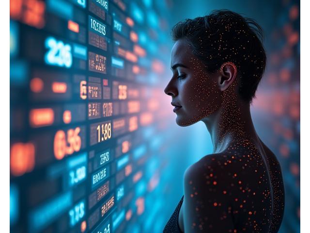 Representación de datos biométricos fluyendo y siendo analizados por inteligencia artificial para generar insights de salud. Una figura humana estilizada es rodeada por elementos de interfaz de usuario, mostrando análisis de sueño, ritmo cardiaco y actividad física.