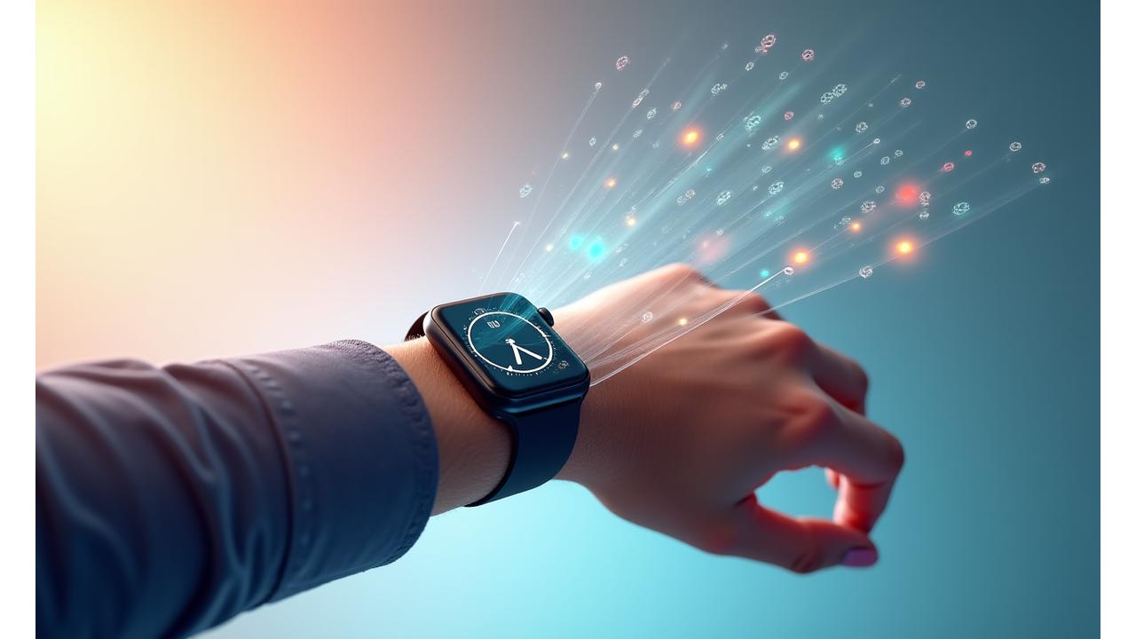 Representación visual de la transformación de datos brutos de wearables en insights de bienestar personalizados en un dashboard intuitivo.