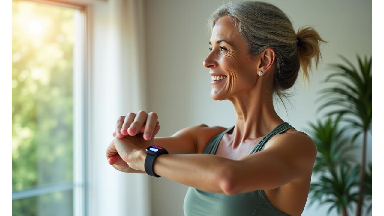 Mujer adulta madura sonriendo y activa, usando un smartwatch durante una sesión de ejercicio suave en un entorno moderno y luminoso.