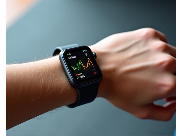 Primer plano de un smartwatch mostrando métricas de salud como ritmo cardíaco y pasos, con un gráfico de progreso.