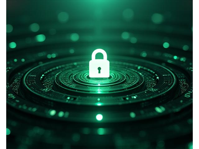 Representación visual de la seguridad de datos con múltiples capas de protección, candados y redes interconectadas.