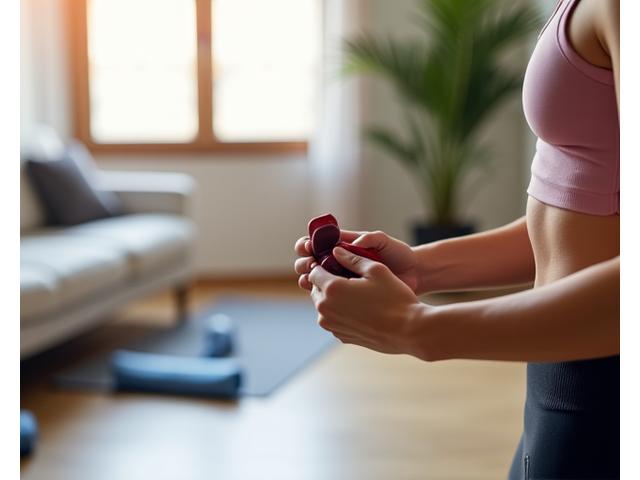 Persona usando pesas ligeras en un apartamento luminoso con equipo de ejercicio minimalista