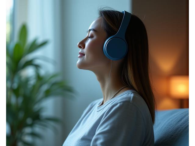 Persona meditando pacíficamente con auriculares de cancelación de ruido en un entorno tranquilo