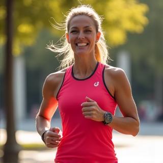 Mujer sonriente de 40 años, Ana G., trotando con confianza en un parque urbano de Madrid, reflejando vitalidad