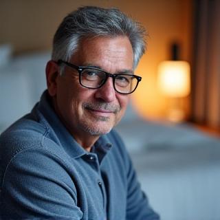 Hombre sonriente de mediana edad, Carlos M., leyendo en su cama con gafas, en un ambiente relajado y bien iluminado, mostrando satisfacción