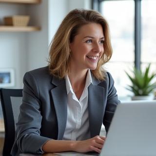 Mujer de 48 años, Laura P., trabajando cómodamente en una silla ergonómica en un despacho moderno y luminoso, denotando concentración y bienestar