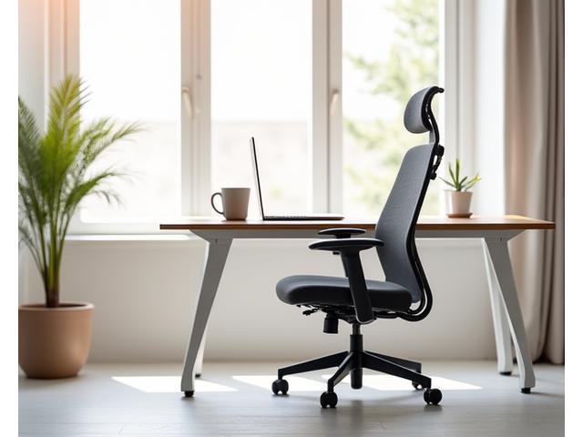 Silla ergonómica moderna con diseño de malla transpirable frente a un escritorio limpio