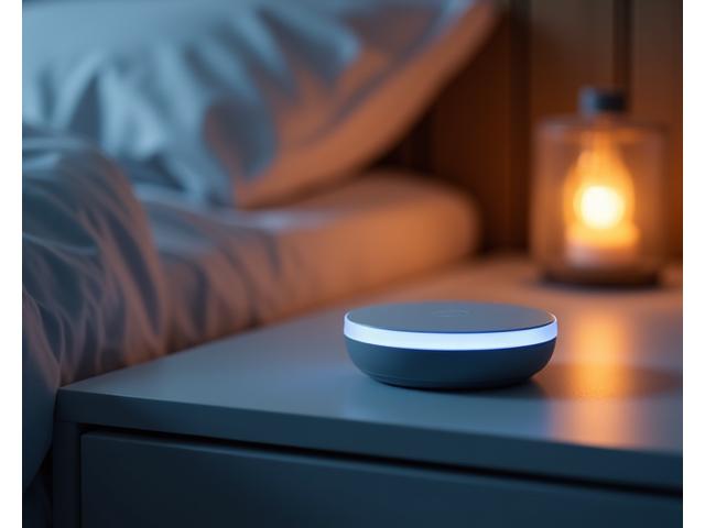 Dispositivo compacto de asistencia para el sueño emitiendo una suave luz azul sobre una mesita de noche
