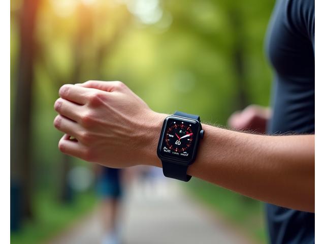 Smartwatch deportivo de última generación en la muñeca de una persona trotando